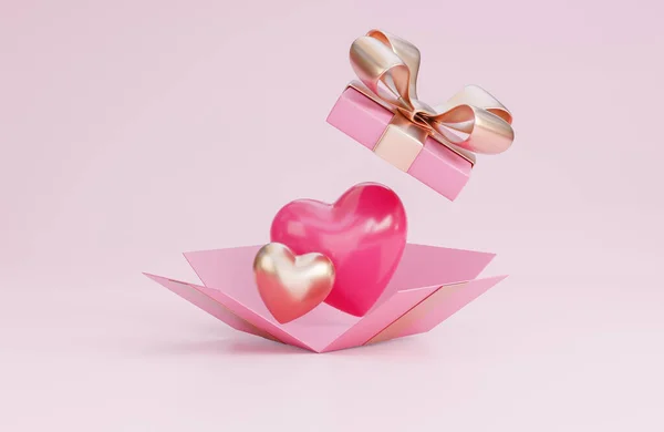 ピンクの背景にオープンギフトボックス 3Dハートとロマンチックなバレンタインデコレーションとハッピーバレンタインデーバナー 3Dモデルとイラスト — ストック写真