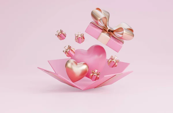 Banner Feliz Día San Valentín Con Caja Regalo Abierta Corazones — Foto de Stock