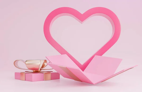 情人节快乐的旗帜 上面有打开的礼品盒 3300颗心和粉色背景的浪漫情人节装饰 — 图库照片