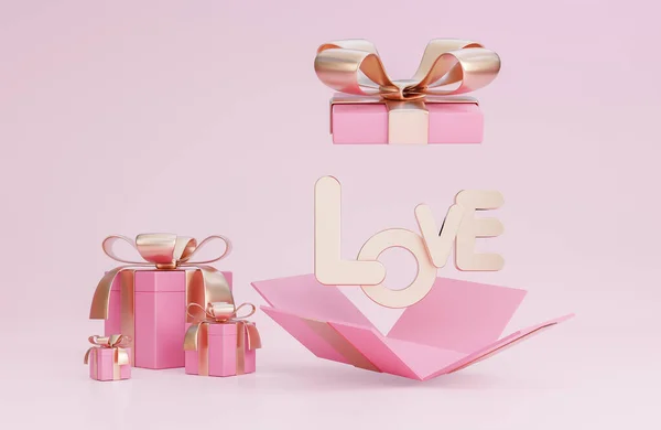 情人节快乐的旗帜 上面有敞亮的粉色礼品盒和粉色背景的浪漫情人节装饰 — 图库照片