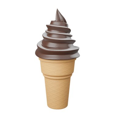 Kapatın. Yumuşak çikolata ve süt aromalı dondurmaları gevrek koni, 3 boyutlu model ve illüstrasyon üzerine servis edin..
