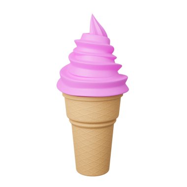 Kapatın. Çıtır külahta yumuşak çilekli dondurma servis edin. 3 boyutlu model ve illüstrasyon..