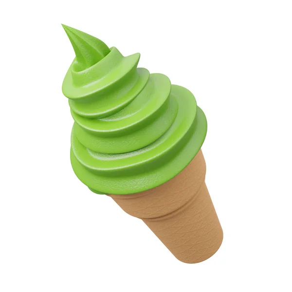 在脆锥形 3D型和图解的基础上 将绿茶味的软式冰淇淋关闭 — 图库照片