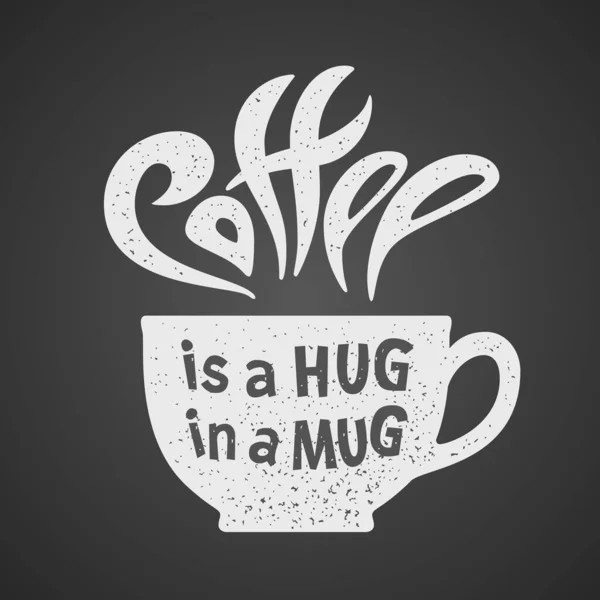コーヒーはマグカップの抱擁です。黒の背景に隔離された文字 — ストックベクタ