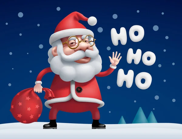 带着一袋礼物站在那里的病媒漫画圣诞老人和被隔离在黑暗背景下的Ho-Ho-Ho-Ho字母 图库矢量图片
