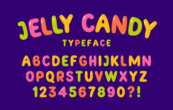 Fuente Jelly candy. Alfabeto en mayúsculas vectorial multicolor y números aislados sobre fondo oscuro — Archivo Imágenes Vectoriales