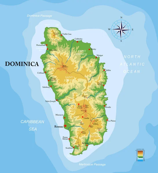 Dominica Ilha Mapa Físico Altamente Detalhado — Vetor de Stock