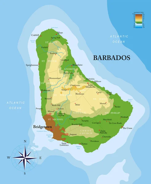 Barbados Insel Sehr Detaillierte Physische Karte — Stockvektor