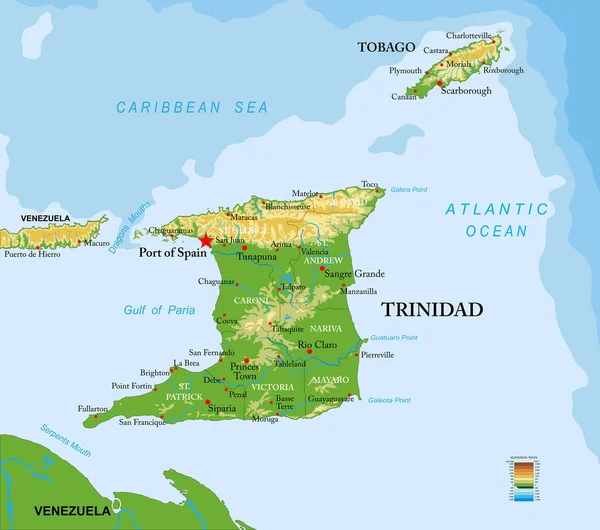 Trinidad Tobago Mapa Físico Altamente Detalhado — Vetor de Stock