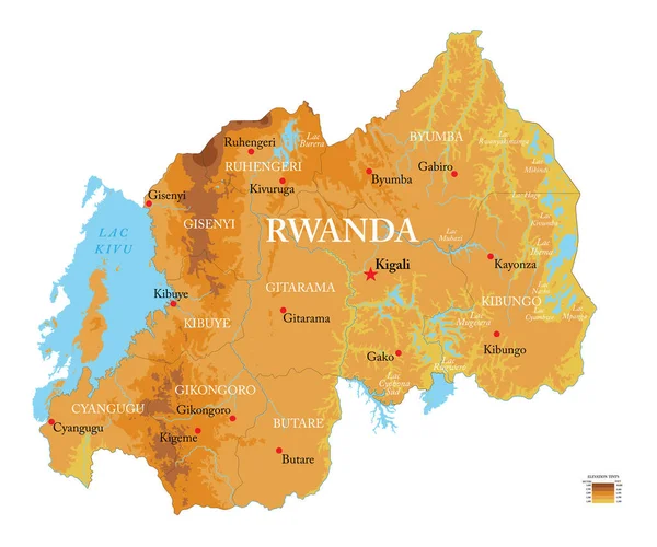 Rwanda Velmi Podrobná Fyzická Mapa — Stockový vektor