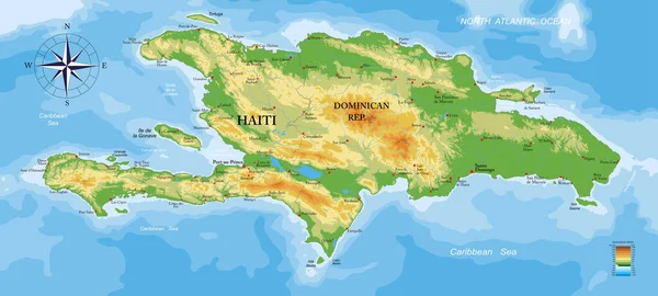 Haiti Och Dominikanska Republiken Mycket Detaljerad Fysisk Karta — Stock vektor