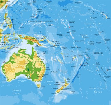 Oceania highly detailed physical map clipart