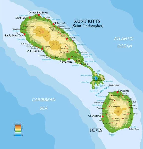 Mappa Fisica Molto Dettagliata Saint Kitts Nevis — Vettoriale Stock