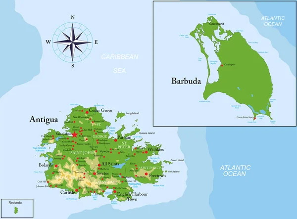 Antigua Barbuda Son Derece Detaylı Fiziksel Harita — Stok Vektör