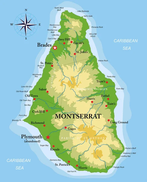 Подробная Физическая Карта Острова Монсеррат — стоковый вектор