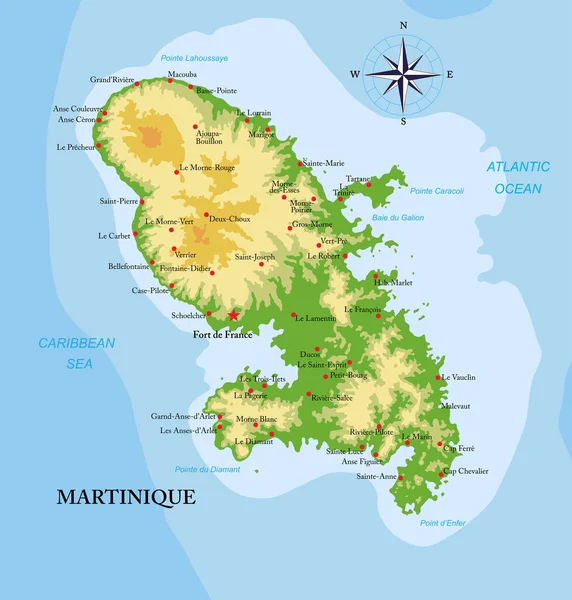 Isla Martinica Mapa Físico Muy Detallado — Vector de stock