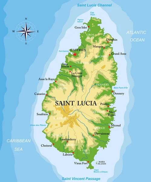 Sainte Lucie Île Carte Physique Très Détaillée — Image vectorielle