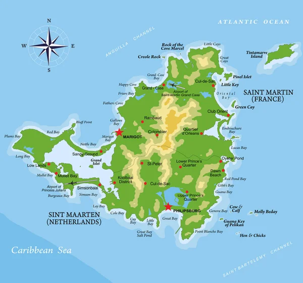 Insel Saint Martin Sehr Detaillierte Physische Karte — Stockvektor
