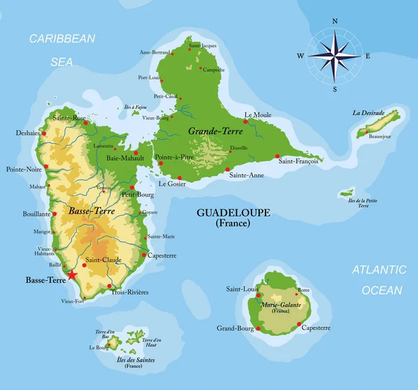 Les Îles Guadeloupe Carte Physique Très Détaillée — Image vectorielle