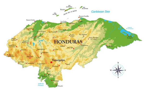 Honduras Mapa Físico Altamente Detallado — Vector de stock