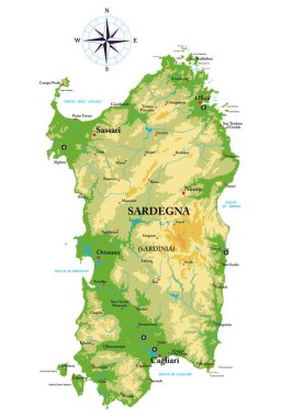 Sardegna son derece detaylı fiziksel harita 
