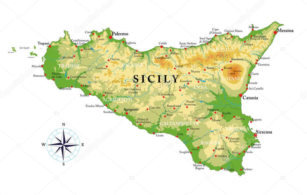 Sicily highly detailed physical map