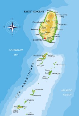 St. Vincent ve Grenadines adaları çok detaylı bir fiziksel harita.