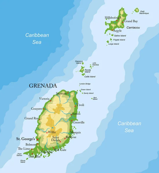 Grenada Adaları Son Derece Detaylı Fiziksel Harita — Stok Vektör