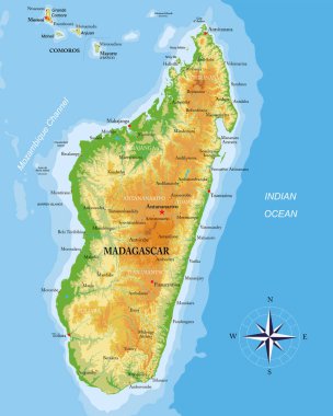 Madagaskar son derece detaylı fiziksel harita         