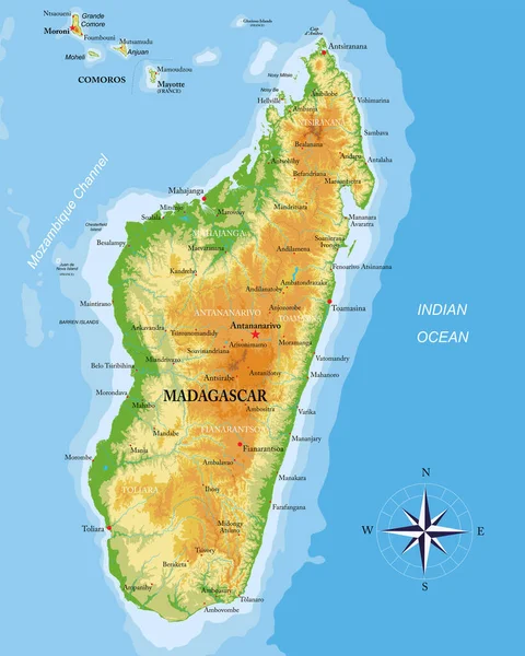 Madagascar Mapa Físico Altamente Detallado — Vector de stock