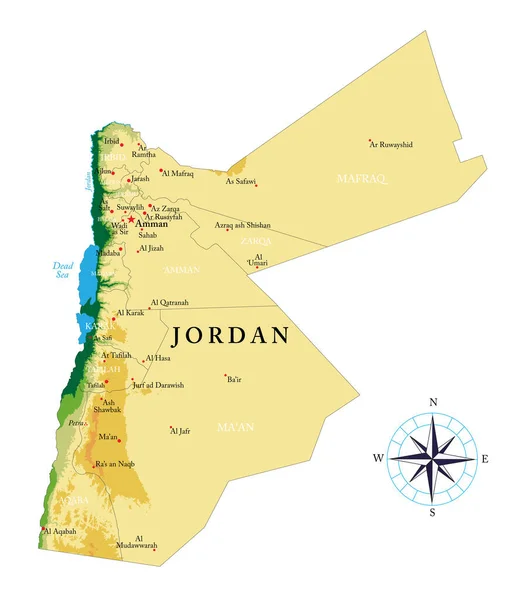 Zeer Gedetailleerde Fysieke Kaart Van Jordanië Vectorformaat Met Alle Hulpvormen — Stockvector