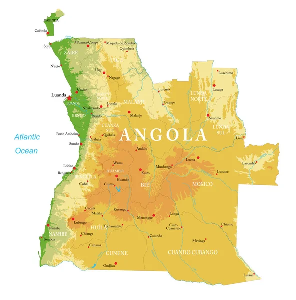 Angola Highly Detailed Physical Map — Vetor de Stock