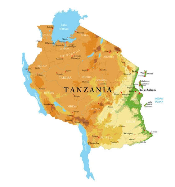 Tanzania Highly Detailed Physical Map — Stockvektor