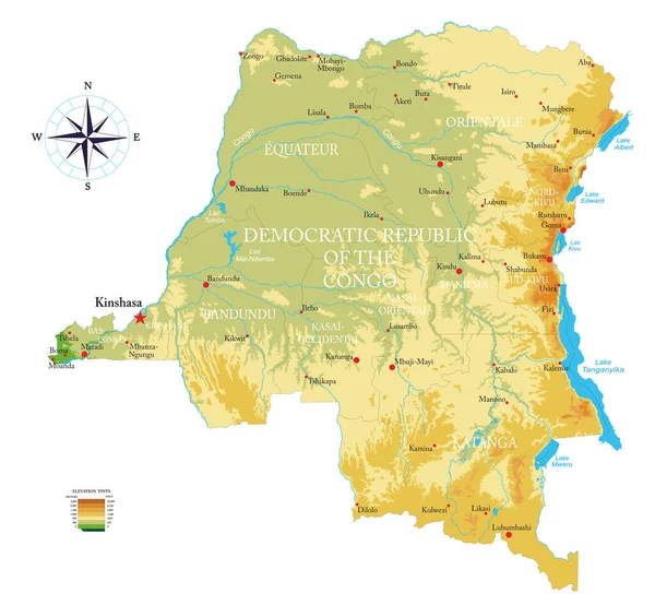 Kongo Son Derece Detaylı Fiziksel Harita — Stok Vektör