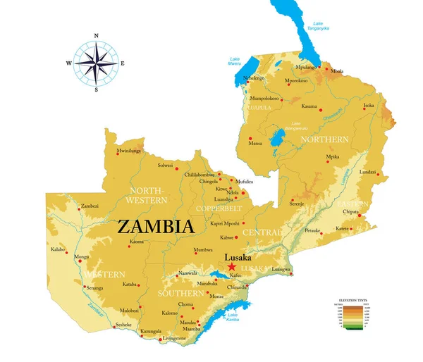 Zambia Mappa Fisica Altamente Dettagliata — Vettoriale Stock