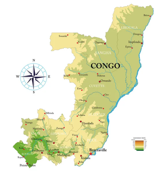 Konžská Republika Velmi Detailní Fyzickou Mapu — Stockový vektor