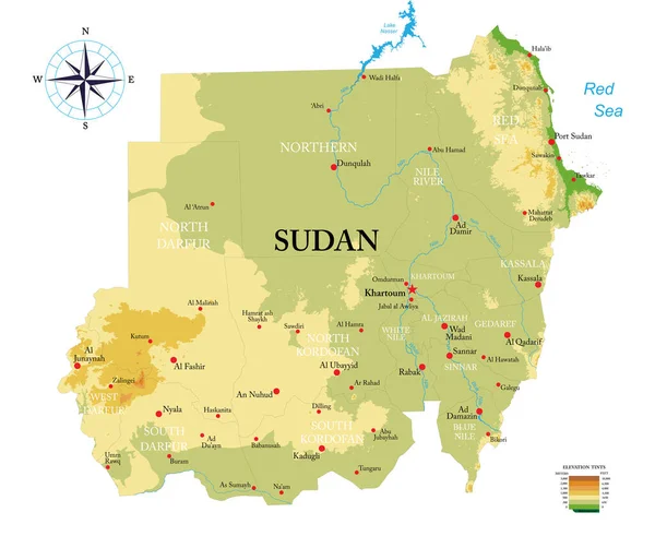 Súdán Velmi Podrobná Fyzická Mapa — Stockový vektor