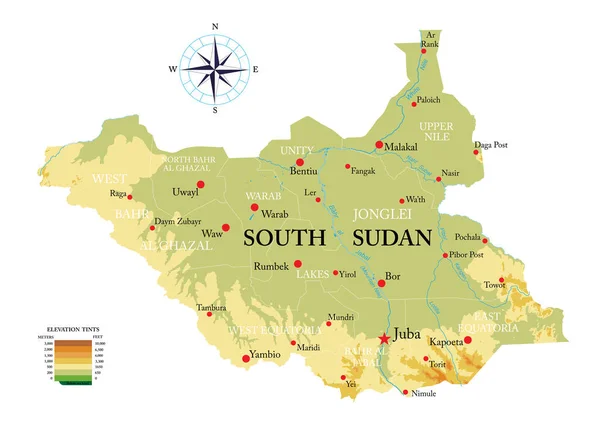 Sud Sudan Mappa Fisica Altamente Dettagliata — Vettoriale Stock