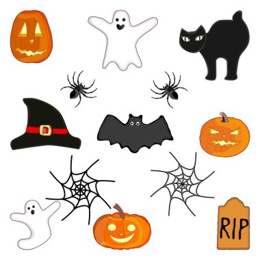 Çizgi film stili yarasa, mezar taşı, cadı şapkası, kedi, örümcek, örümcek ağı, balkabağı. Afiş, kart, broşür için hazır. Cadılar Bayramı. Ekim. Beyaz arkaplanda vektör illüstrasyonu