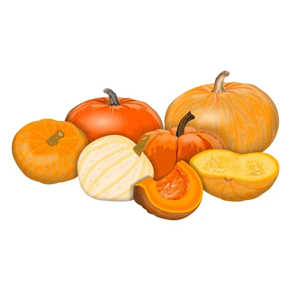 バナー チラシ ポスター カード用の白 オレンジのカボチャのセット 半分と4分の1のカボチャ ハロウィンだ 10月 新鮮な野菜だ 白を基調としたベクトルイラスト — ストックベクタ