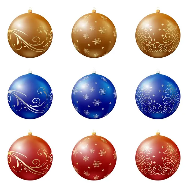 Conjunto de bolas coloridas ano novo com diferentes ornamentos. Brinquedos de árvore de Natal para banners, cartazes, cartões de saudação. Celebrações de Natal e Ano Novo. Ilustração vetorial isolada sobre fundo branco —  Vetores de Stock