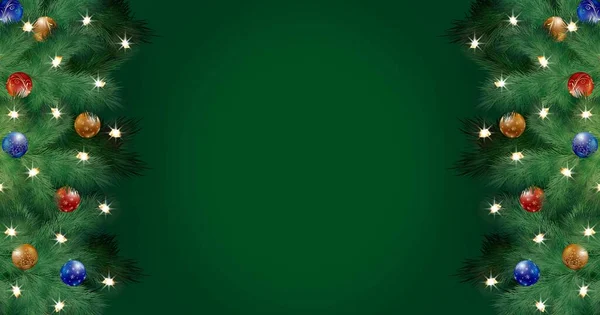 Natale Modello Capodanno Sfondo Verde Brillanti Palle Dorate Rosse Blu — Vettoriale Stock