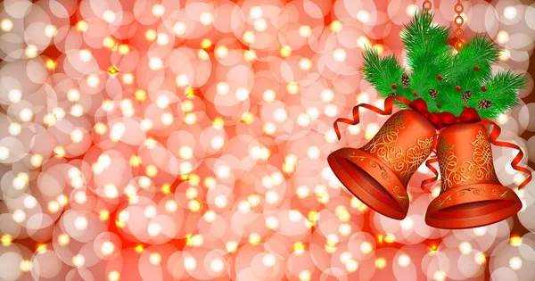 Jul och nya år mall. Bokeh röd bakgrund, röda julklockor med rosetter, band. Julgransgrenar med kottar. Sociala medier, sociala nätverk, kopieringsutrymme. Vektorillustration — Stock vektor