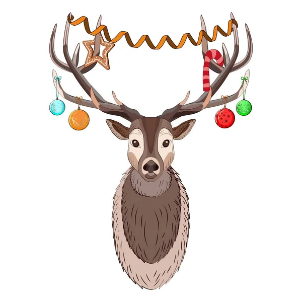 Deer head decorated with Christmas balls, creamy candy and gingerbread in shape of star. Reindeer head with horns for banners, flyers, posters, cards. Vector illustration isolated on white background — Stock Vector