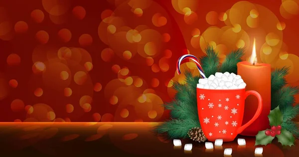 Rechteckiges Banner mit Kerze, Tannenzweigen, Mistel, Tasse mit Marshmallows, cremigen Bonbons. Bokeh goldenen Hintergrund. Vorlage für Weihnachten und Neujahr in den sozialen Medien. Vektorillustration — Stockvektor