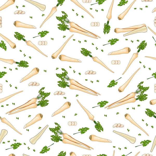 Fond sans couture de persil racinaire. Entier, moitié et persil tranché. Persil aux feuilles. Légumes bio et sains, végétariens. Illustration vectorielle en style dessin animé. Modèle sans couture — Image vectorielle