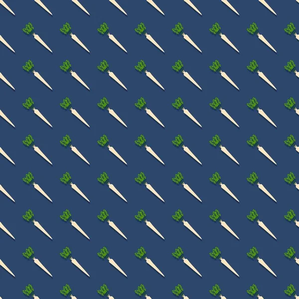 Yapraklı maydanozun kusursuz deseni. Taze organik ve sağlıklı, diyet ve vejetaryen kök sebzeler. Mavi arkaplanda izole edilmiş düz biçimdeki vektör illüstrasyonu. Kusursuz arkaplan