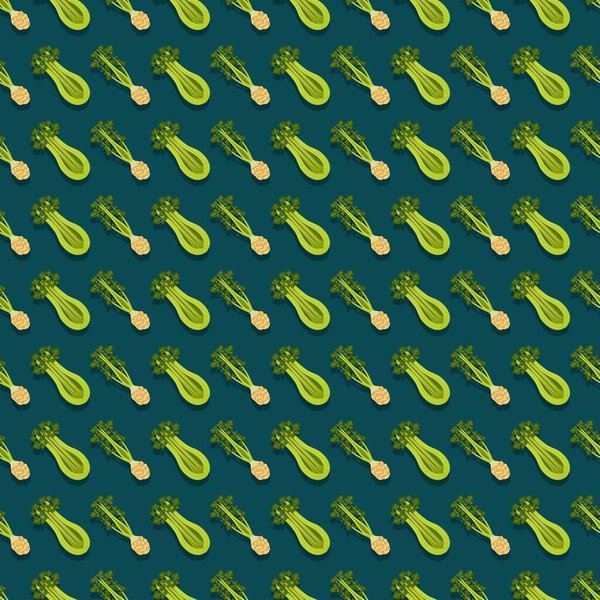 Seamless pattern of root celery. Celery with leaves. Radish flat style. Radish with tops. Organic vegetables. Vector illustration in flat style isolated on blue background. Seamless background