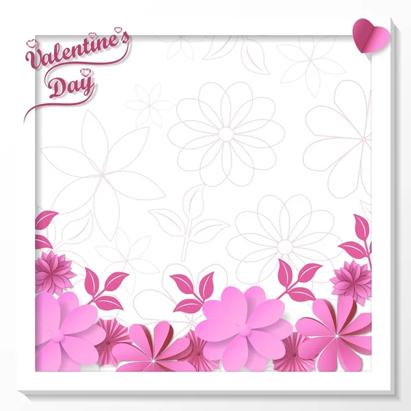 Valentijnsdag. Vierkante template ontwerp met roze abstract papier bloemen voor banners, flyers, wenskaarten, sociale media. Vector illustratie geïsoleerd op witte achtergrond — Stockvector