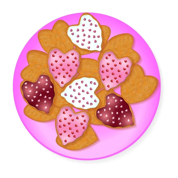 Valentýn. Sušenky v podobě srdce s barevnou glazurou na talíři. Vektorové ilustrace izolované na bílém pozadí pro transparenty, plakáty, letáky, blahopřání, sociální média — Stockový vektor